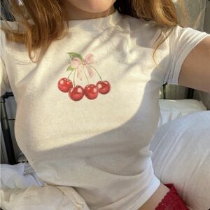 Gildan White Baby Tee - Cherries with Pink Bow